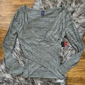 NWT BONGO MED MOSS GREEN MARLED FAUX WRAP CROSS FRONT SEXY BURNOUT TOP SHEER Y2K